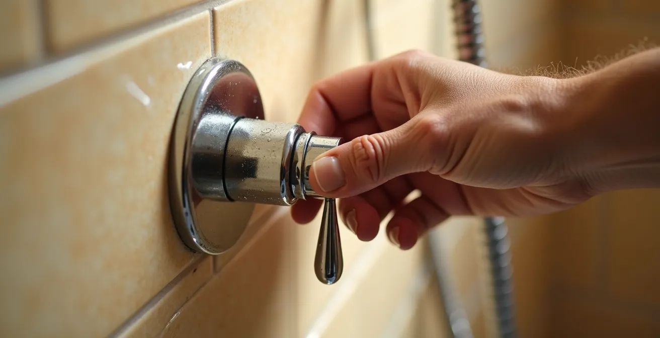 Main ajustant un robinet de douche dans un angle de salle de bain
