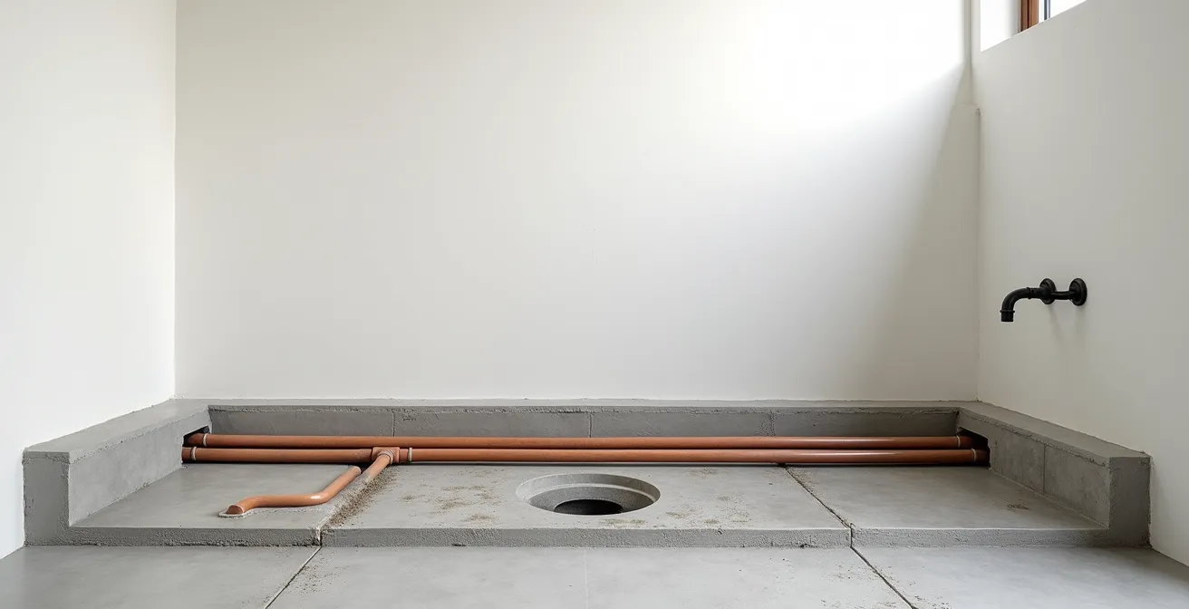 Vue en coupe technique d'un sol de salle de bain montrant les zones de sécurité électrique et les pentes d'évacuation