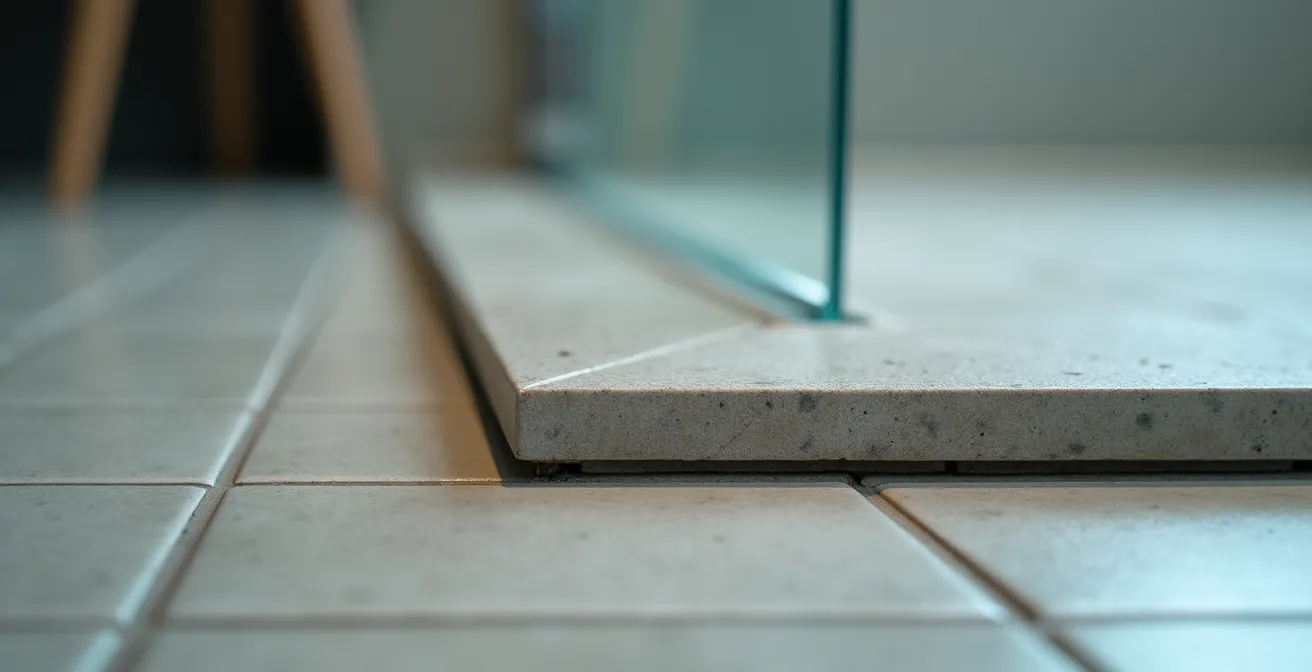 Vue aérienne d'une salle de bain montrant l'harmonie entre l'espace douche et les zones de circulation