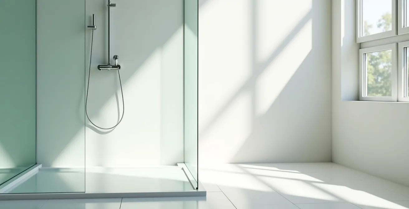 Espace douche épuré avec lumière naturelle traversant la paroi vitrée