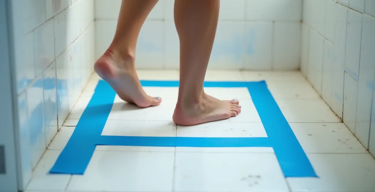 Personne testant l'espace d'un futur receveur de douche délimité au sol avec du ruban adhésif coloré