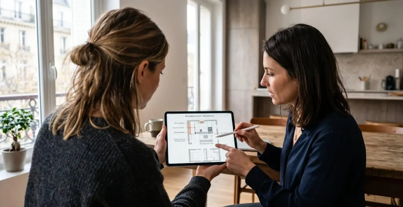 Un artisan et un client vus de trois-quarts examinent ensemble des plans de rénovation cuisine sur une tablette dans un appartement parisien lumineux