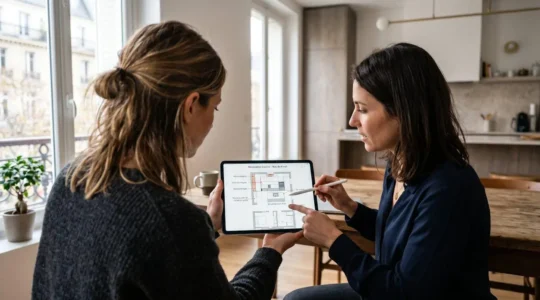Un artisan et un client vus de trois-quarts examinent ensemble des plans de rénovation cuisine sur une tablette dans un appartement parisien lumineux