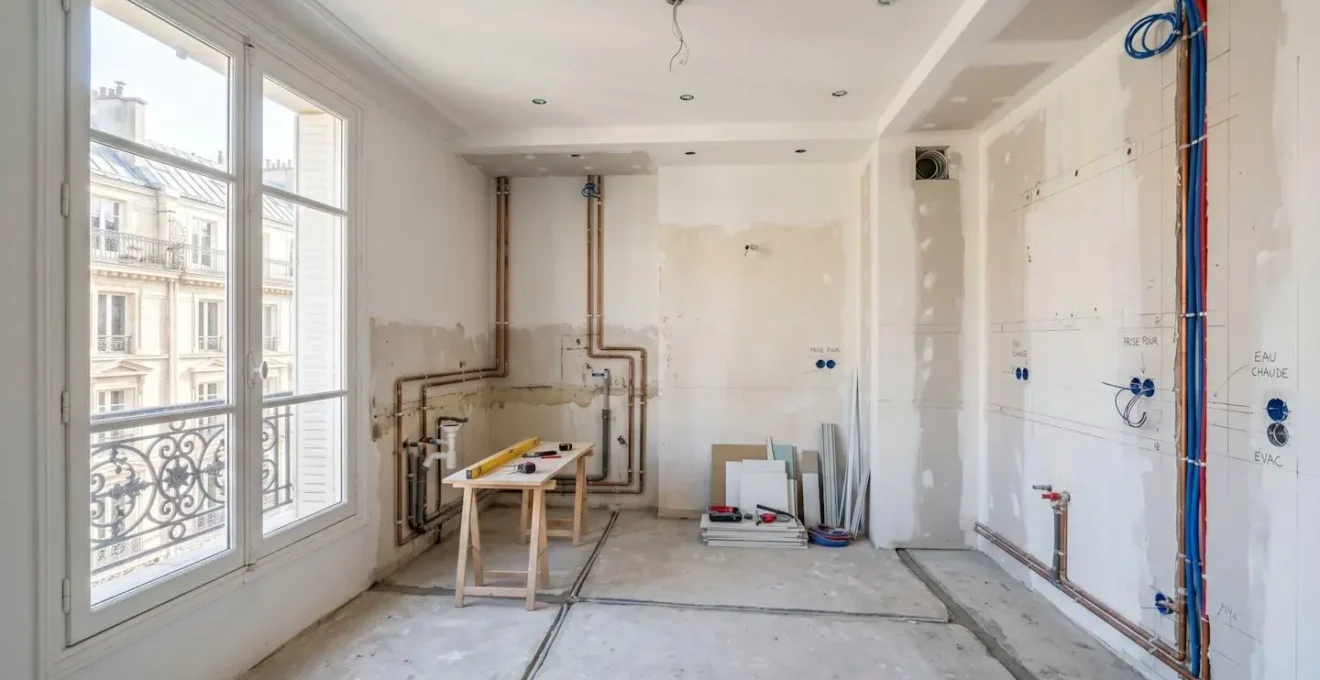 Cuisine parisienne en cours de rénovation avec murs préparés et saignées apparentes visibles, sans présence humaine, lumière naturelle zénithale