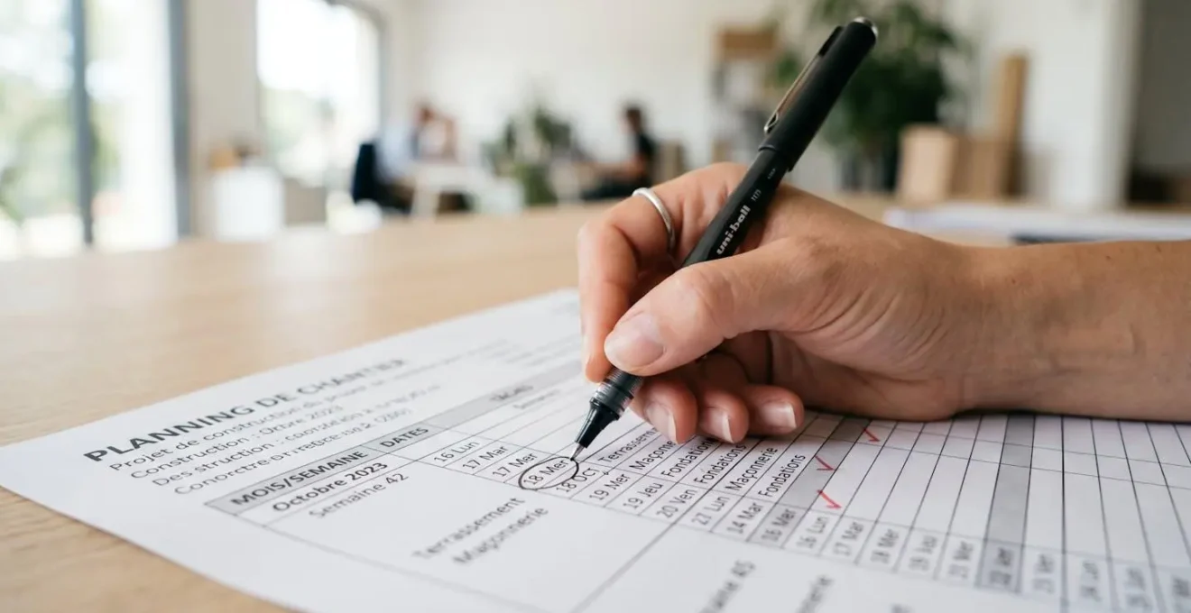 Gros plan sur les mains d'un artisan annotant un planning de chantier papier avec un stylo, arrière-plan flouté avec tablette